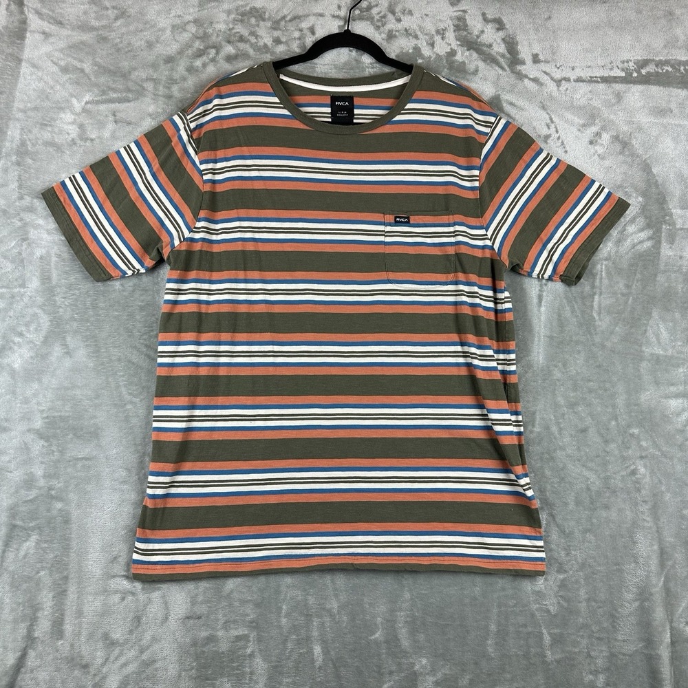 RVCA T-Shirt Men's L (Boys XXL) Orange Green Blue Stripe 100% Cotton
